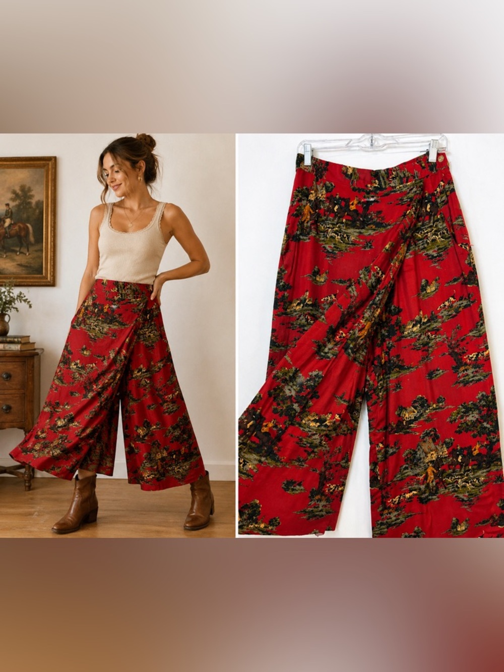 Vintage Bushwacker Equestrian Print Culottes Red Midi Skort Size 12 USA Cottage